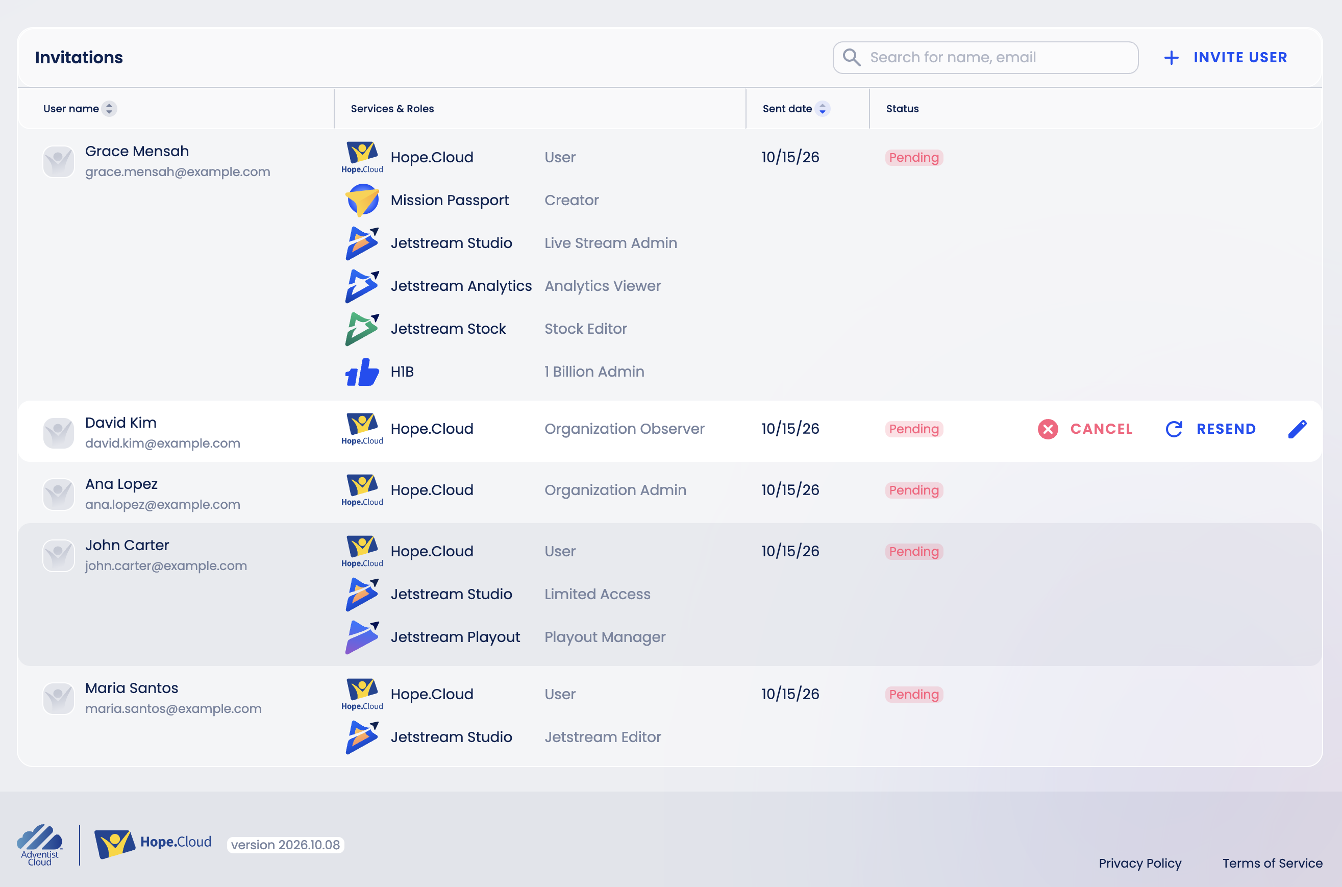 Invitations tab
