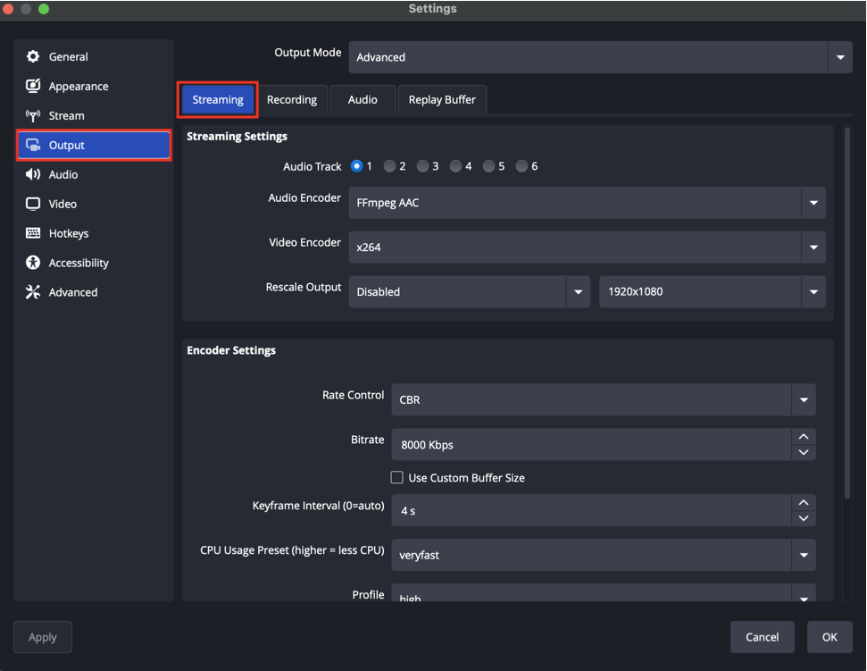 Output settings