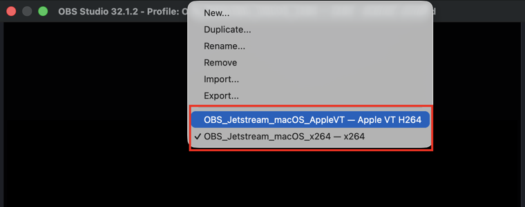 Jetstream Studio profile selected
