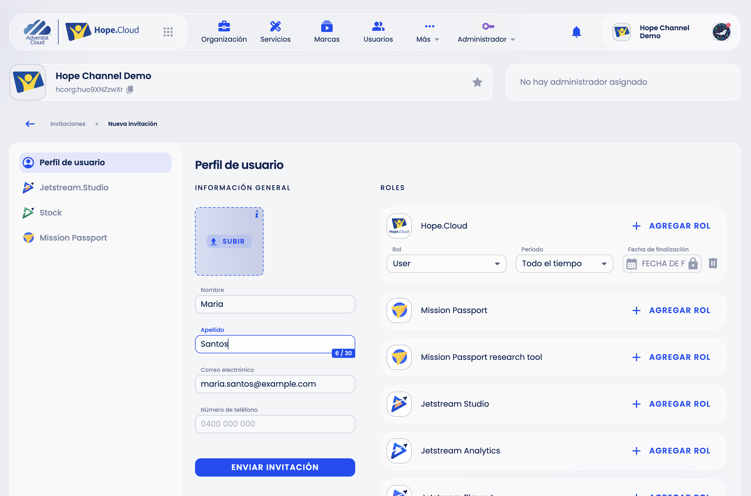 Nueva invitación con roles