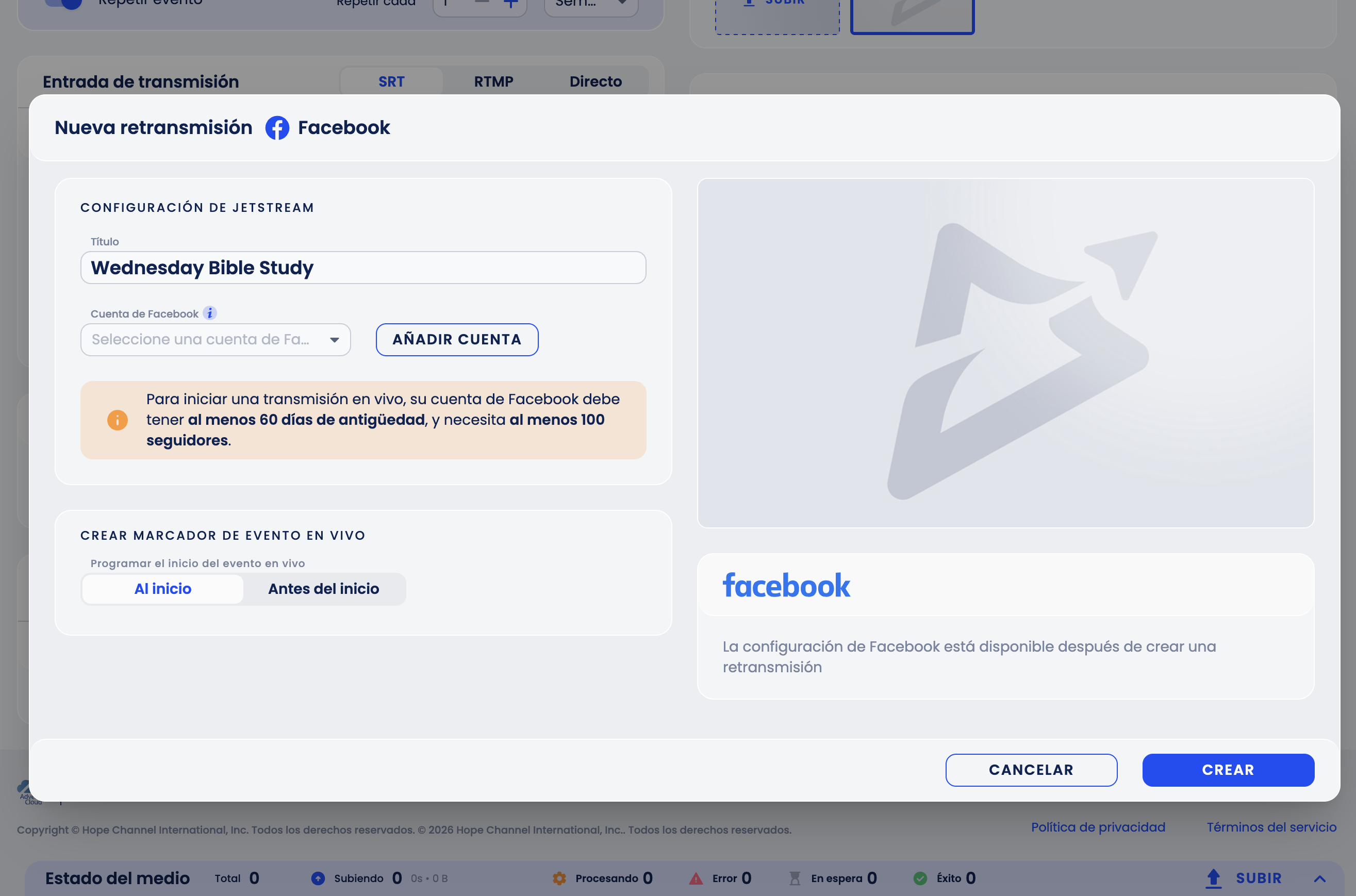 Retransmisión vinculada a Facebook