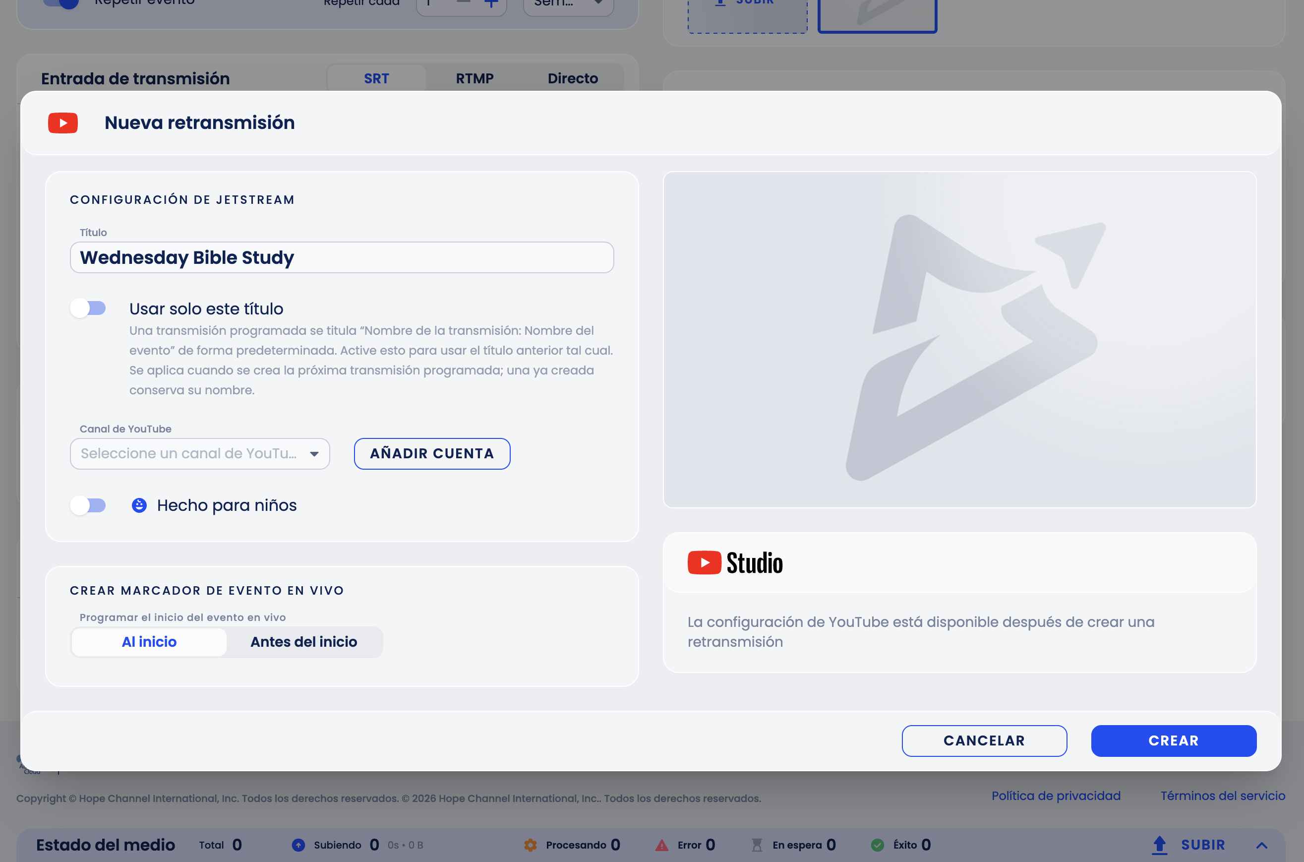 Retransmisión vinculada a YouTube